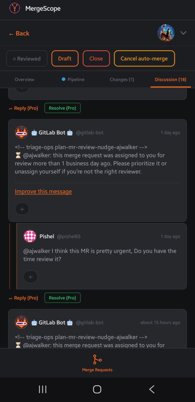 Threaded discussion on a merge request