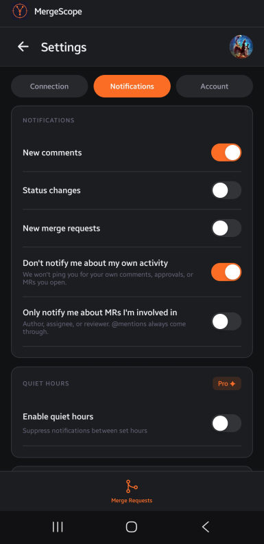 Notification and quiet hours settings